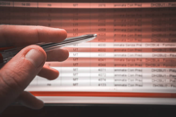 photograph of hand pointing at excel sheet with a pen