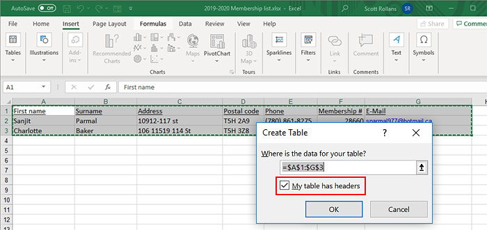 excel screenshot, format data as a table