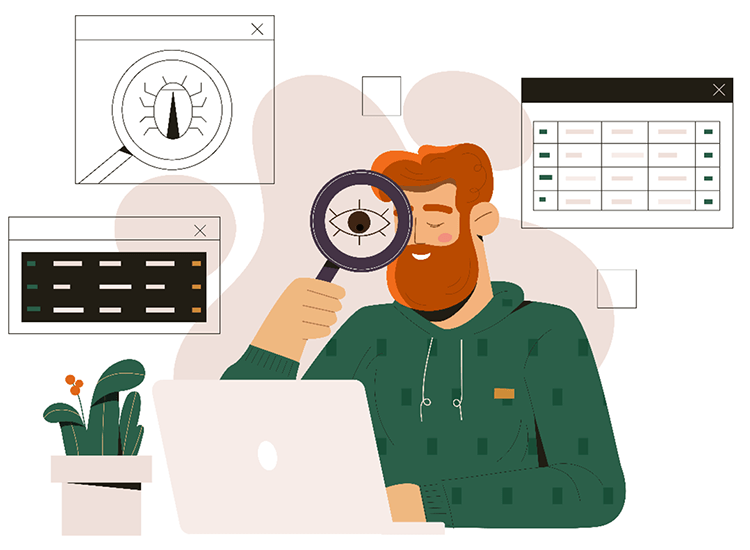illustration of ginger bearded man searching for errors in an excel sheet