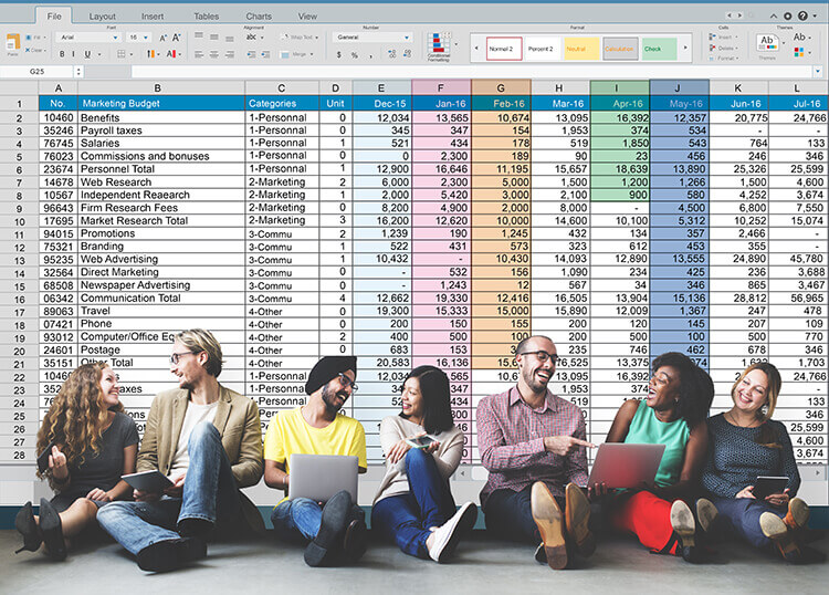 Decorative cover image: a row of highly animated office workers, with laptops and tablets, sit against a backdrop image of a spreadsheet.