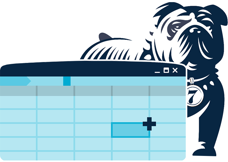 Stylized drawing of a bulldog standing guard over a spreadsheet